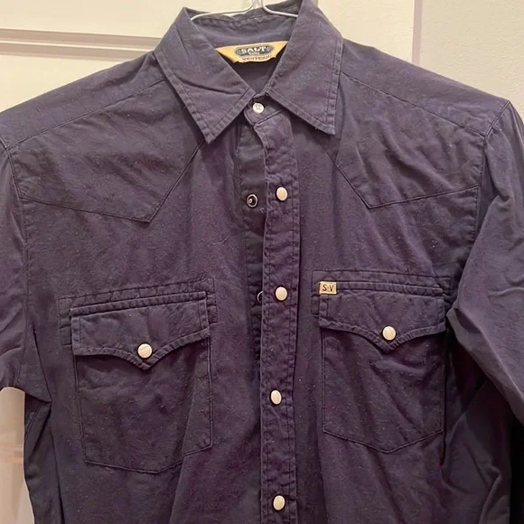 Salt Valley Western shirt, navy blue with white snap buttons, size xs